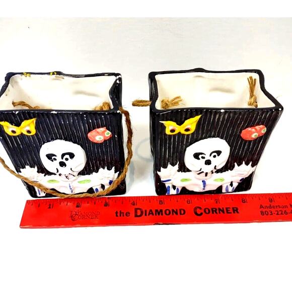 Pair Ceramic Halloween Bags Rope Handle Happy Ghost Bats Jay Imports VTG - Picture 9 of 9